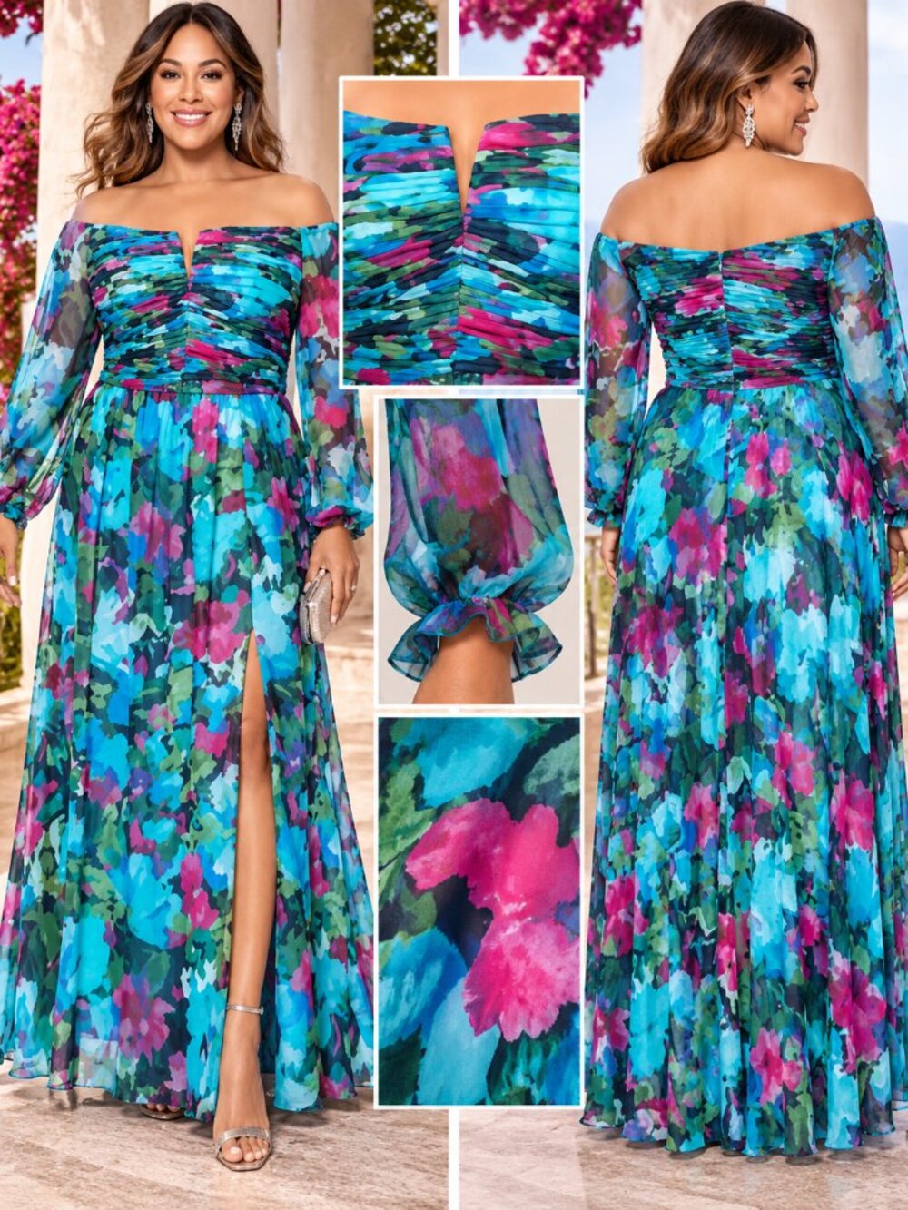 XSCAPE Plus Turquoise Floral Off Shoulder Formal Gown 16W NWT